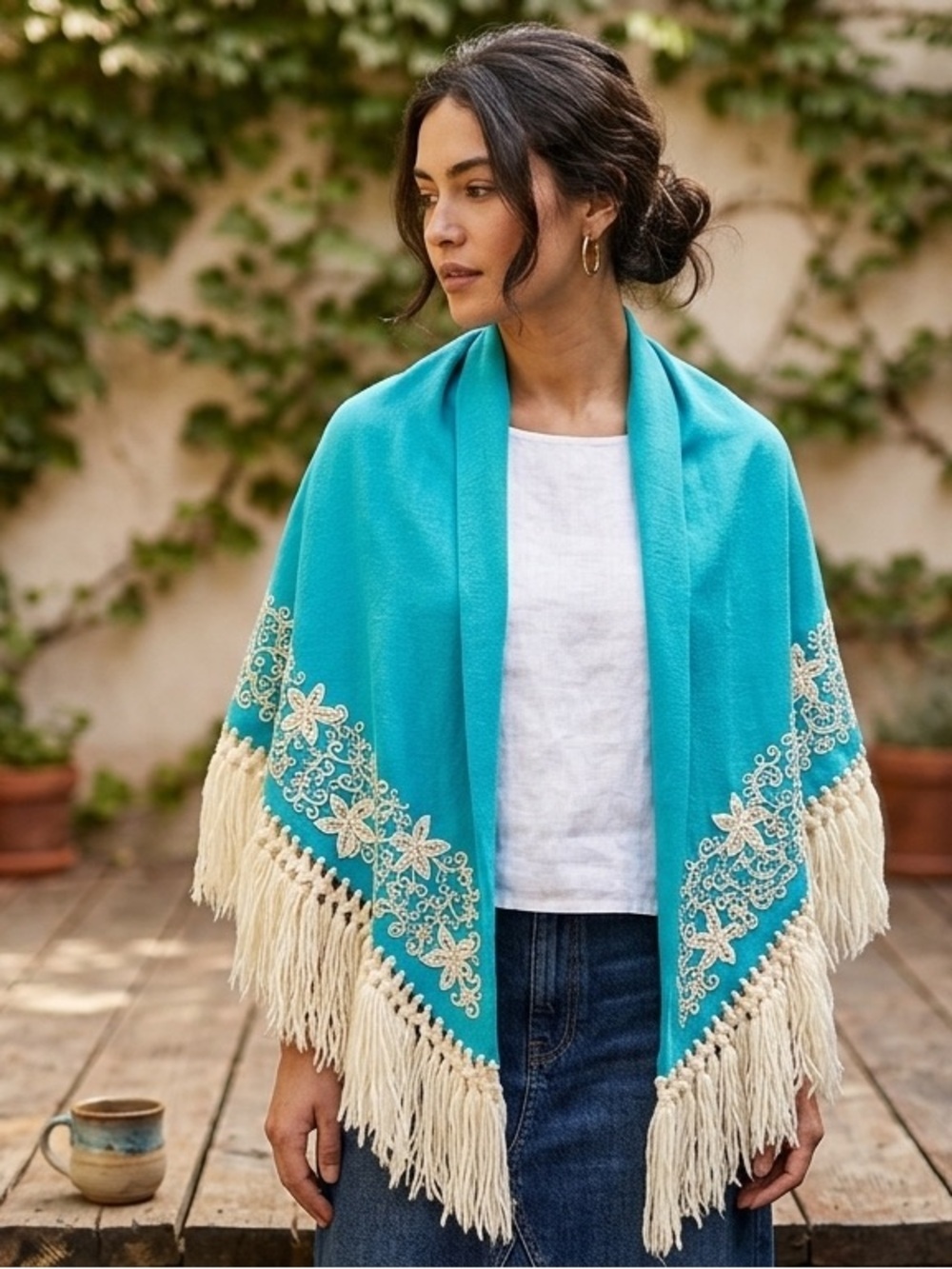 Vintage Mantón de Manila Turquoise Embroidered Shawl Mantilla w/ Long Fringe -